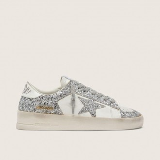 Golden Goose Stardan In White Leather And Glitter