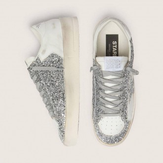 Golden Goose Stardan In White Leather And Glitter