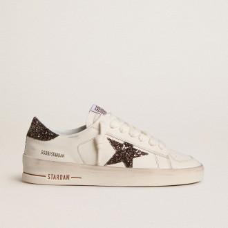 Golden Goose Stardan In White Leather With Brown Glitter Star And Heel Tab