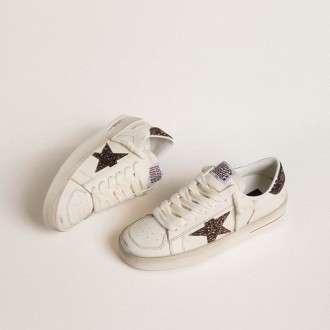 Golden Goose Stardan In White Leather With Brown Glitter Star And Heel Tab Golden Goose Stardan In White Leather With Brown Glitter Star And Heel Tab