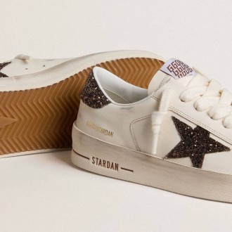 Golden Goose Stardan In White Leather With Brown Glitter Star And Heel Tab Golden Goose Stardan In White Leather With Brown Glitter Star And Heel Tab