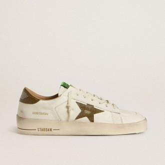 Golden Goose Stardan In White Leather With Military-Green Snake-Print Leather Star And Heel Tab