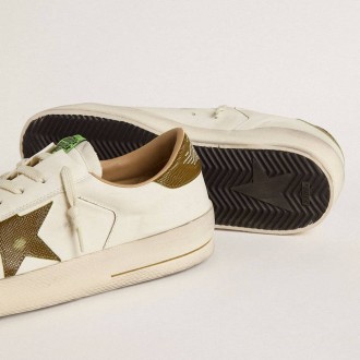 Golden Goose Stardan In White Leather With Military-Green Snake-Print Leather Star And Heel Tab