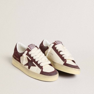 Golden Goose Stardan In White Nappa With Burgundy Suede Star And Heel Tab Golden Goose Stardan In White Nappa With Burgundy Suede Star And Heel Tab