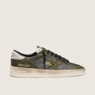 Golden Goose Stardan Ltd In White And Olive-Green Leather With Black Mesh And Yellow Leather Star