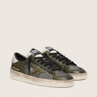 Golden Goose Stardan Ltd In White And Olive-Green Leather With Black Mesh And Yellow Leather Star Golden Goose Stardan Ltd In White And Olive-Green Leather With Black Mesh And Yellow Leather Star