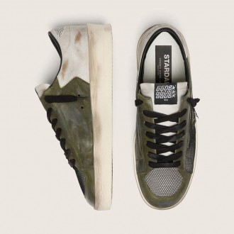 Golden Goose Stardan Ltd In White And Olive-Green Leather With Black Mesh And Yellow Leather Star Golden Goose Stardan Ltd In White And Olive-Green Leather With Black Mesh And Yellow Leather Star
