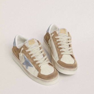 Golden Goose Stardan Ltd In White Leather And Tobacco Suede With Light Blue Suede Star And Heel Tab Golden Goose Stardan Ltd In White Leather And Tobacco Suede With Light Blue Suede Star And Heel Tab