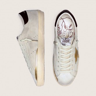 Golden Goose Super-Star Cny In Ivory Suede With Metallic Leather Star And Leather Heel Tab