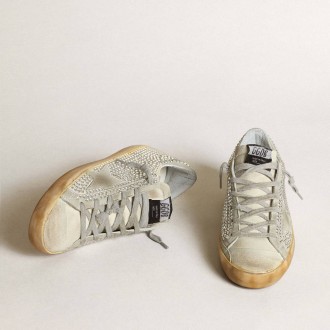 Golden Goose Super-Star In Aged White Nubuck With Swarovski Crystals