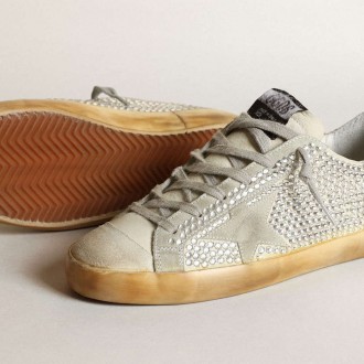 Golden Goose Super-Star In Aged White Nubuck With Swarovski Crystals