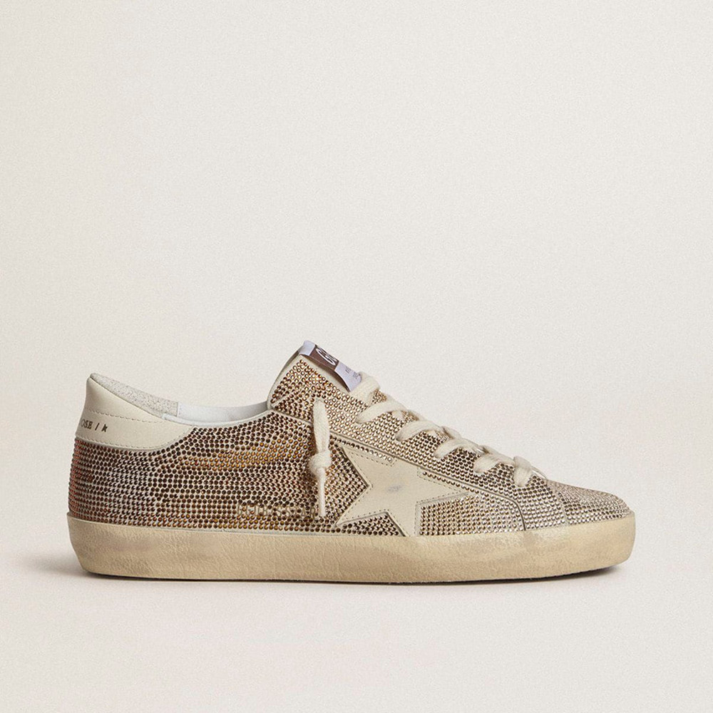 Golden Goose Super-Star In Beige Suede And Multicolored Crystals With Cream-Colored Leather Star And Heel Tab Golden Goose Super-Star In Beige Suede And Multicolored Crystals With Cream-Colored Leather Star And Heel Tab