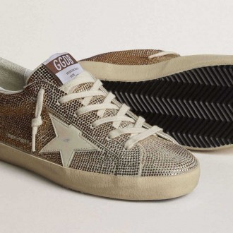 Golden Goose Super-Star In Beige Suede And Multicolored Crystals With Cream-Colored Leather Star And Heel Tab Golden Goose Super-Star In Beige Suede And Multicolored Crystals With Cream-Colored Leather Star And Heel Tab