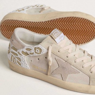 Golden Goose Super-Star In Beige Suede With Bead Embroidery And Laminated Suede Star