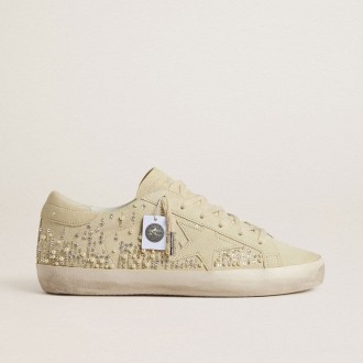 Golden Goose Super-Star In Beige Suede With Pearls And Swarovski Crystals