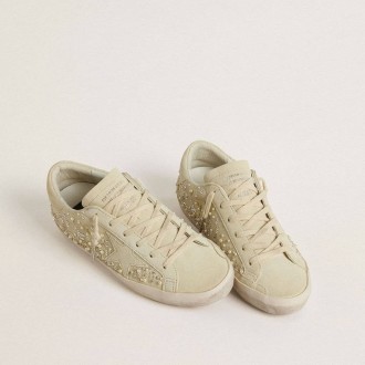 Golden Goose Super-Star In Beige Suede With Pearls And Swarovski Crystals