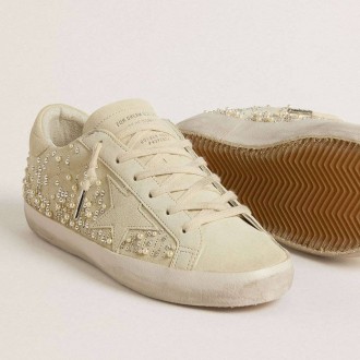 Golden Goose Super-Star In Beige Suede With Pearls And Swarovski Crystals
