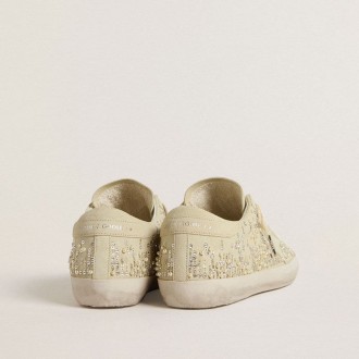 Golden Goose Super-Star In Beige Suede With Pearls And Swarovski Crystals