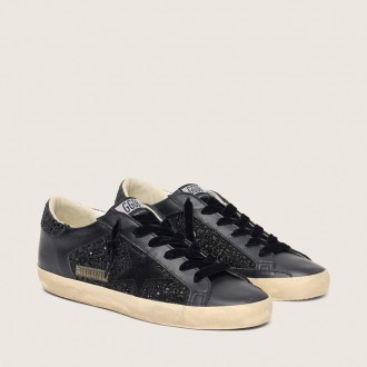 Golden Goose Super-Star In Black Glitter With Black Suede Star And Leather Inserts