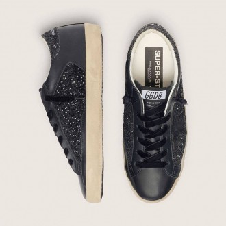 Golden Goose Super-Star In Black Glitter With Black Suede Star And Leather Inserts