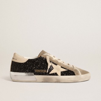 Golden Goose Super-Star In Black Glitter With Cream Star And Suede Inserts