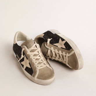 Golden Goose Super-Star In Black Glitter With Cream Star And Suede Inserts