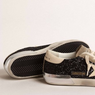 Golden Goose Super-Star In Black Glitter With Cream Star And Suede Inserts