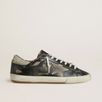 Golden Goose Super-Star In Black Leather With Gray Suede Star And Heel Tab