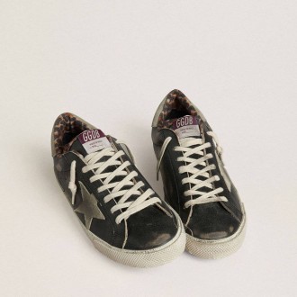 Golden Goose Super-Star In Black Leather With Gray Suede Star And Heel Tab Golden Goose Super-Star In Black Leather With Gray Suede Star And Heel Tab