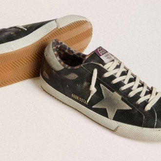 Golden Goose Super-Star In Black Leather With Gray Suede Star And Heel Tab Golden Goose Super-Star In Black Leather With Gray Suede Star And Heel Tab