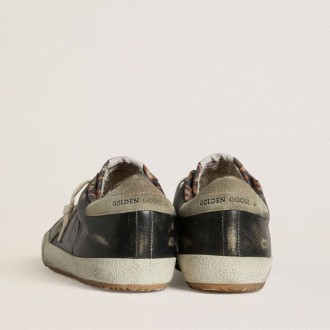 Golden Goose Super-Star In Black Leather With Gray Suede Star And Heel Tab Golden Goose Super-Star In Black Leather With Gray Suede Star And Heel Tab