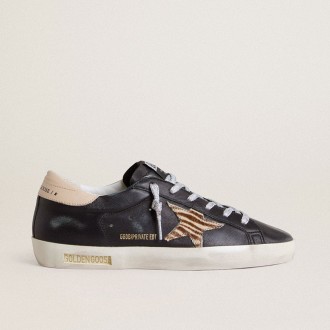 Golden Goose Super-Star In Black Nappa Leather With Zebra-Print Pony Skin Star And Beige Leather Heel Tab