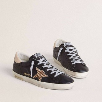 Golden Goose Super-Star In Black Nappa Leather With Zebra-Print Pony Skin Star And Beige Leather Heel Tab Golden Goose Super-Star In Black Nappa Leather With Zebra-Print Pony Skin Star And Beige Leather Heel Tab