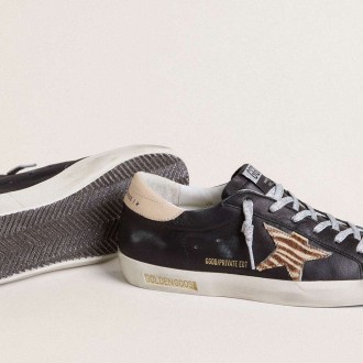 Golden Goose Super-Star In Black Nappa Leather With Zebra-Print Pony Skin Star And Beige Leather Heel Tab Golden Goose Super-Star In Black Nappa Leather With Zebra-Print Pony Skin Star And Beige Leather Heel Tab