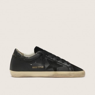 Golden Goose Super-Star In Black Nappa With Black Star And Glitter Heel Tab