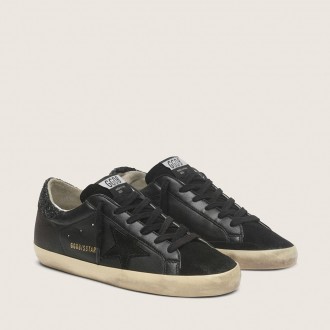 Golden Goose Super-Star In Black Nappa With Black Star And Glitter Heel Tab