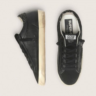 Golden Goose Super-Star In Black Nappa With Black Star And Glitter Heel Tab