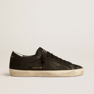 Golden Goose Super-Star In Black Nubuck With Perforated Star And Black Nubuck Heel Tab