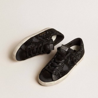 Golden Goose Super-Star In Black Suede With Swarovski Crystals And Black Suede Star