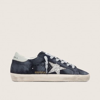 Golden Goose Super-Star In Blue Suede With Silver Glitter Star And Leather Heel Tab