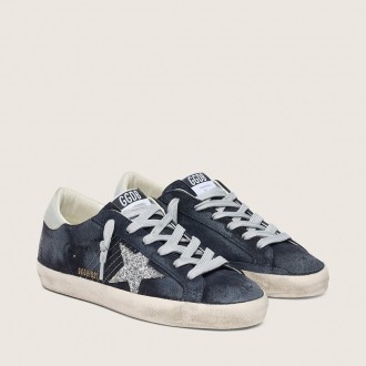 Golden Goose Super-Star In Blue Suede With Silver Glitter Star And Leather Heel Tab Golden Goose Super-Star In Blue Suede With Silver Glitter Star And Leather Heel Tab