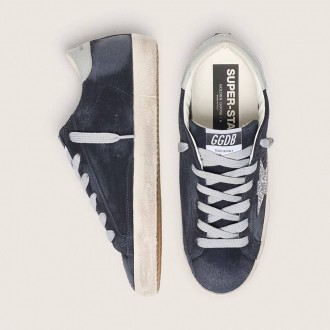 Golden Goose Super-Star In Blue Suede With Silver Glitter Star And Leather Heel Tab Golden Goose Super-Star In Blue Suede With Silver Glitter Star And Leather Heel Tab