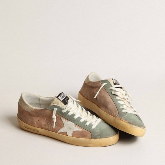 Golden Goose Super-Star In Brown And Green Suede With White Nappa Leather Star
