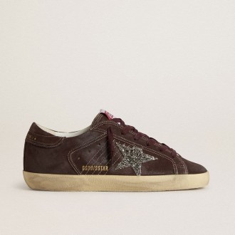 Golden Goose Super-Star In Brown Suede With Silver Glitter Star