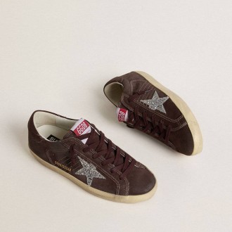 Golden Goose Super-Star In Brown Suede With Silver Glitter Star Golden Goose Super-Star In Brown Suede With Silver Glitter Star
