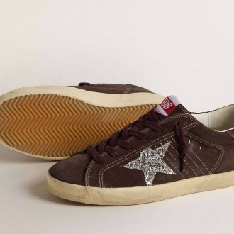 Golden Goose Super-Star In Brown Suede With Silver Glitter Star Golden Goose Super-Star In Brown Suede With Silver Glitter Star