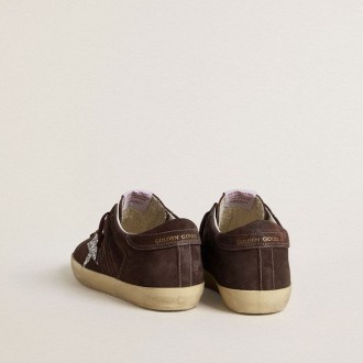 Golden Goose Super-Star In Brown Suede With Silver Glitter Star Golden Goose Super-Star In Brown Suede With Silver Glitter Star