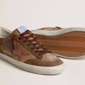 Golden Goose Super-Star In Brown Suede With Tan Leather Star And Heel Tab Golden Goose Super-Star In Brown Suede With Tan Leather Star And Heel Tab