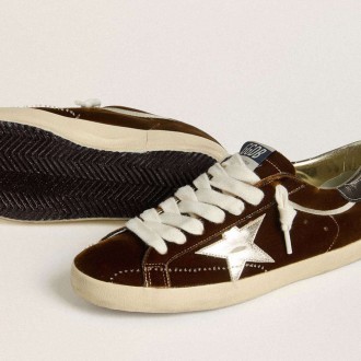 Golden Goose Super-Star In Cognac Velvet With Metallic Leather Star And Heel Tab