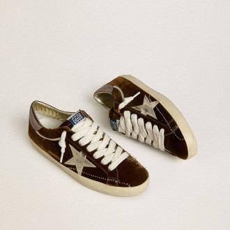 Golden Goose Super-Star In Cognac Velvet With Metallic Leather Star And Heel Tab